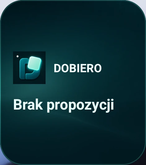 Widget DOBIERO 2 × 2 na ekranie głównym w stanie pustym: logo, nazwa DOBIERO i napis Brak propozycji